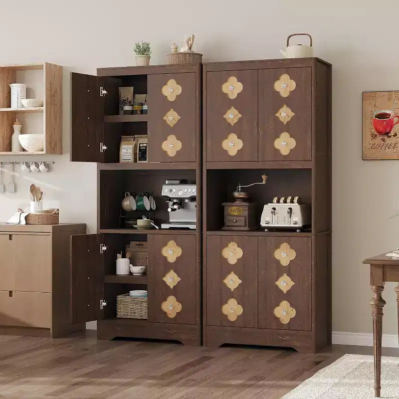 Garde-manger haut de cuisine de 72 po – Armoire vaisselier autoportante en bois avec porte sculptée et poignée en cristal pour salle à manger/salon