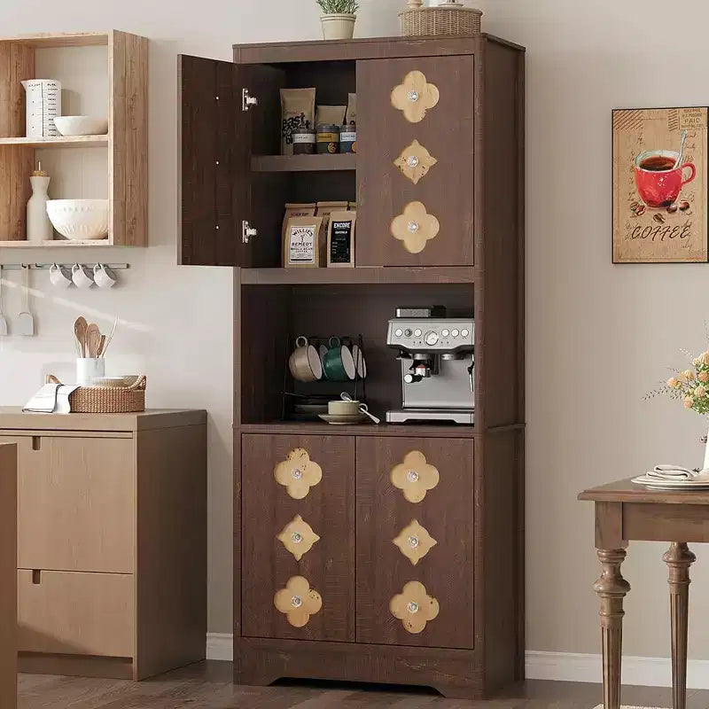 Garde-manger haut de cuisine de 72 po – Armoire vaisselier autoportante en bois avec porte sculptée et poignée en cristal pour salle à manger/salon