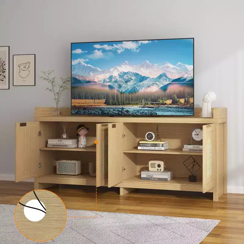 Meuble TV Moderne Milieu de Siècle pour Téléviseur de 65 Pouces, Meuble TV Contemporain avec Meuble de Rangement et 4 Portes, Table Console de 150 cm pour Salon