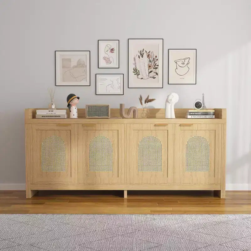 Meuble TV Moderne Milieu de Siècle pour Téléviseur de 65 Pouces, Meuble TV Contemporain avec Meuble de Rangement et 4 Portes, Table Console de 150 cm pour Salon