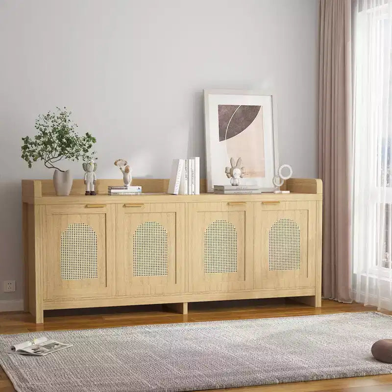 Meuble TV Moderne Milieu de Siècle pour Téléviseur de 65 Pouces, Meuble TV Contemporain avec Meuble de Rangement et 4 Portes, Table Console de 150 cm pour Salon