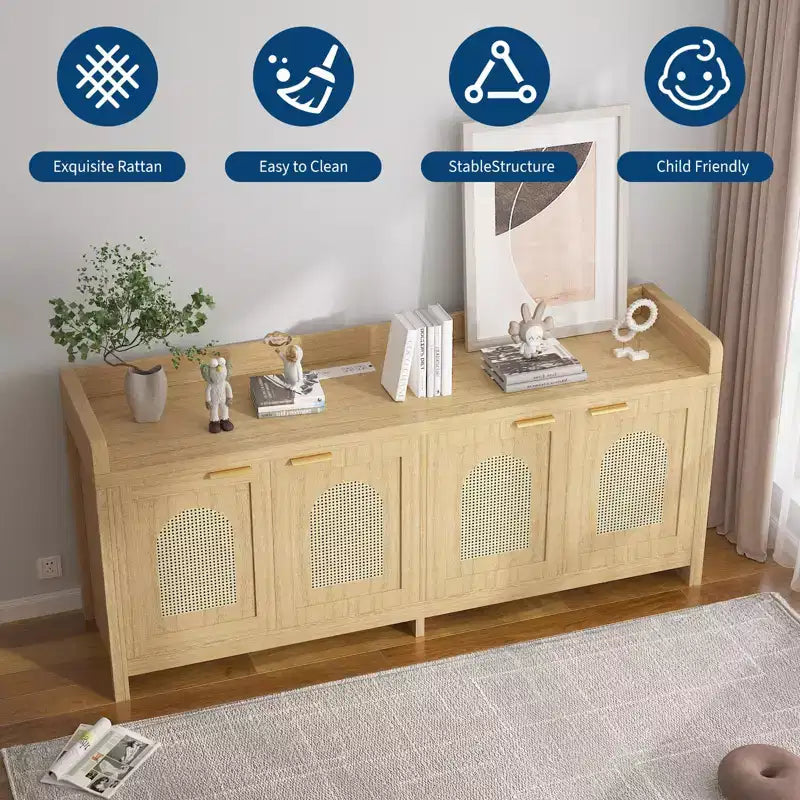 Meuble TV Moderne Milieu de Siècle pour Téléviseur de 65 Pouces, Meuble TV Contemporain avec Meuble de Rangement et 4 Portes, Table Console de 150 cm pour Salon