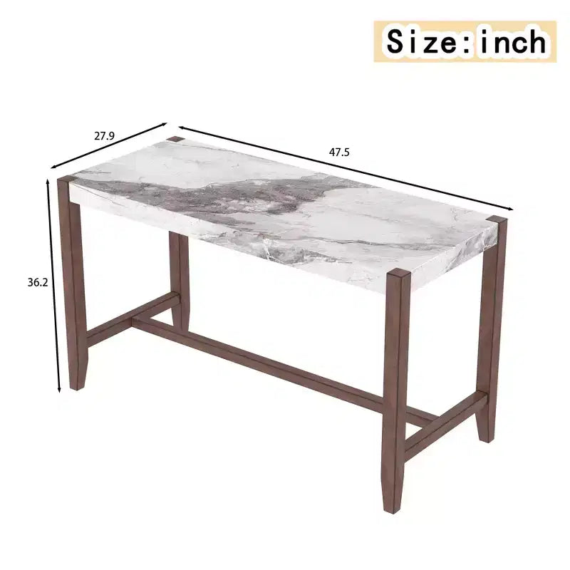 Table à manger en faux marbre, hauteur de comptoir de 47,5 po, avec pieds en bois d'hévéa
