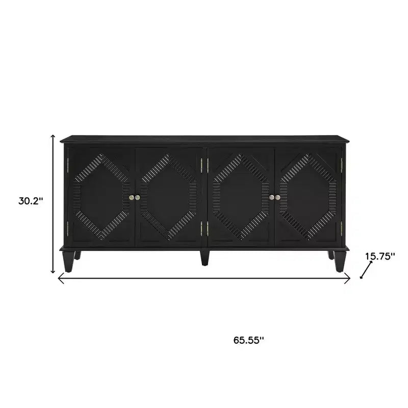 HomeRoots 66 Armoire d'appoint géométrique en bois sculpté noir avec quatre portes