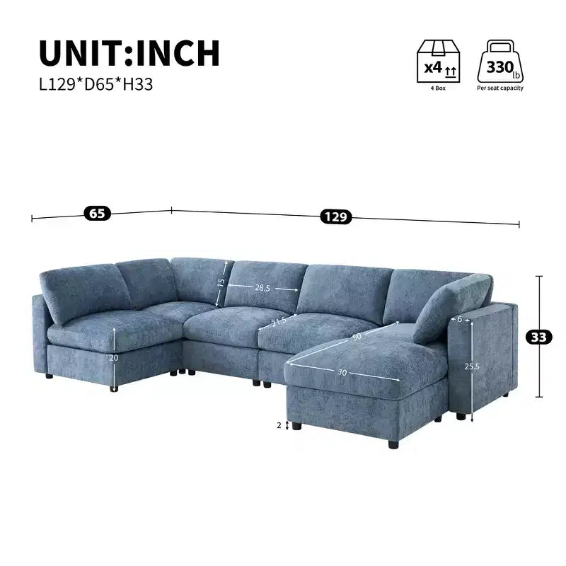 Whisen Canapé modulable 129 places en forme de U, en chenille, avec ottoman, canapé-lit convertible, mousse haute densité