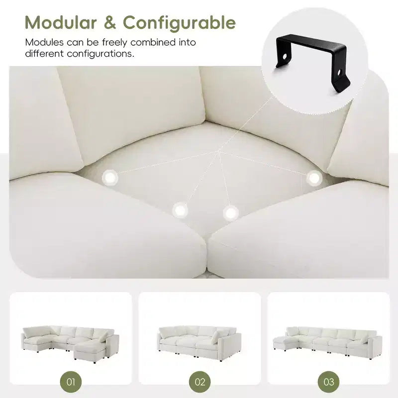 Whisen Canapé modulable 129 places en forme de U, en chenille, avec ottoman, canapé-lit convertible, mousse haute densité