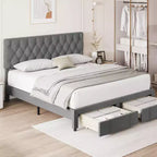 Cadre de lit Queen Size avec 2 tiroirs de rangement, cadre de lit plateforme rembourré avec tête de lit capitonnée réglable, sommier tapissier à lattes