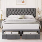 Queen Size Bed Frame with 2 Storage Drawers, Upholstered Platform Bed Frame with Adjustable Button Tufted Headboard, Mattress Foundation with Slats