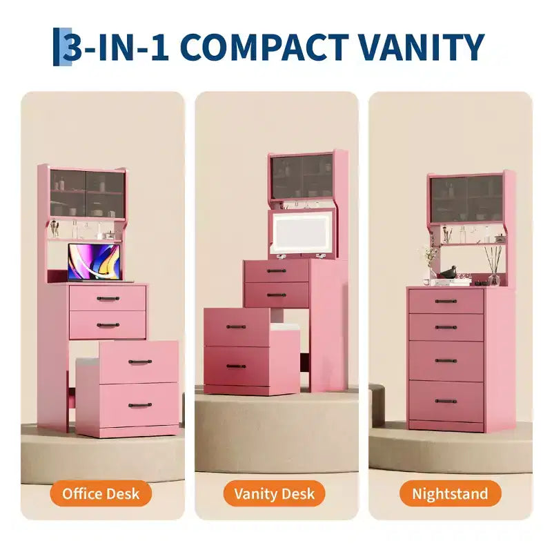 Coiffeuse compacte, Coiffeuse de maquillage avec miroir, Ensemble de coiffeuse, Petite coiffeuse et chaise de rangement pour filles