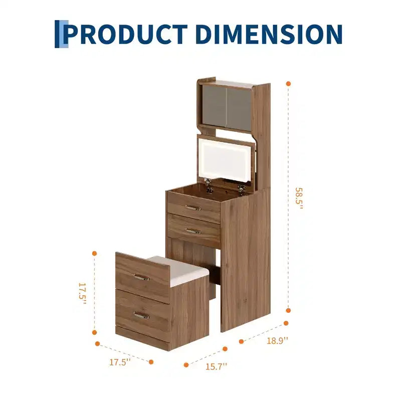 Coiffeuse compacte, Coiffeuse de maquillage avec miroir, Ensemble de coiffeuse, Petite coiffeuse et chaise de rangement pour filles