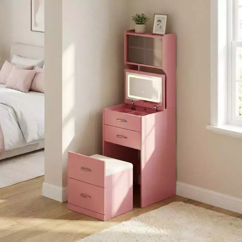 Coiffeuse compacte, Coiffeuse de maquillage avec miroir, Ensemble de coiffeuse, Petite coiffeuse et chaise de rangement pour filles