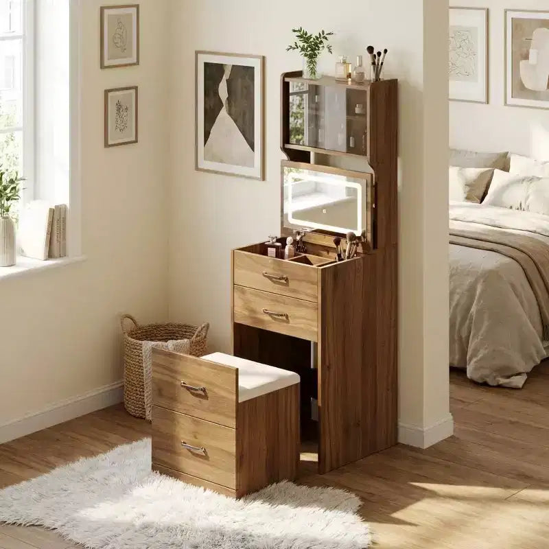 Coiffeuse compacte, Coiffeuse de maquillage avec miroir, Ensemble de coiffeuse, Petite coiffeuse et chaise de rangement pour filles