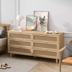 JVNOXK 59.06-inch 6-Drawer Rattan Storage Cabinet with White Drawer Slides, Suitable for Bedrooms, Features Storage Space,Natural