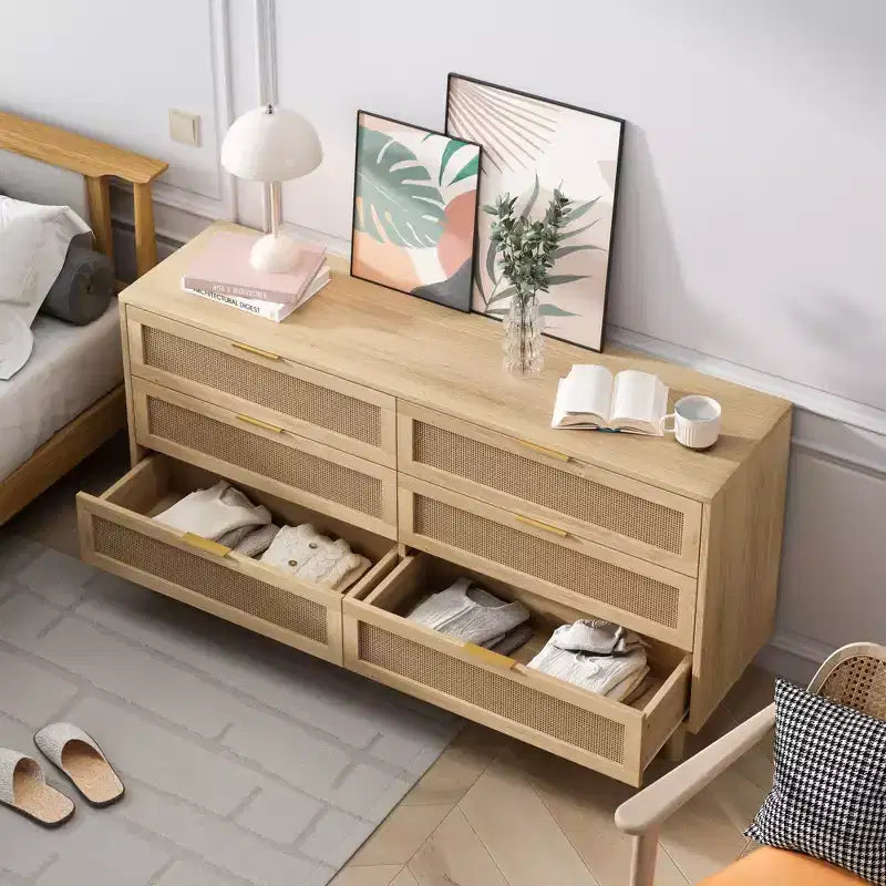 JVNOXK Armoire de Rangement en Rotin à 6 Tiroirs de 150 cm avec Glissières de Tiroir Blanches, Convient aux Chambres, Offre un Espace de Rangement, Naturel