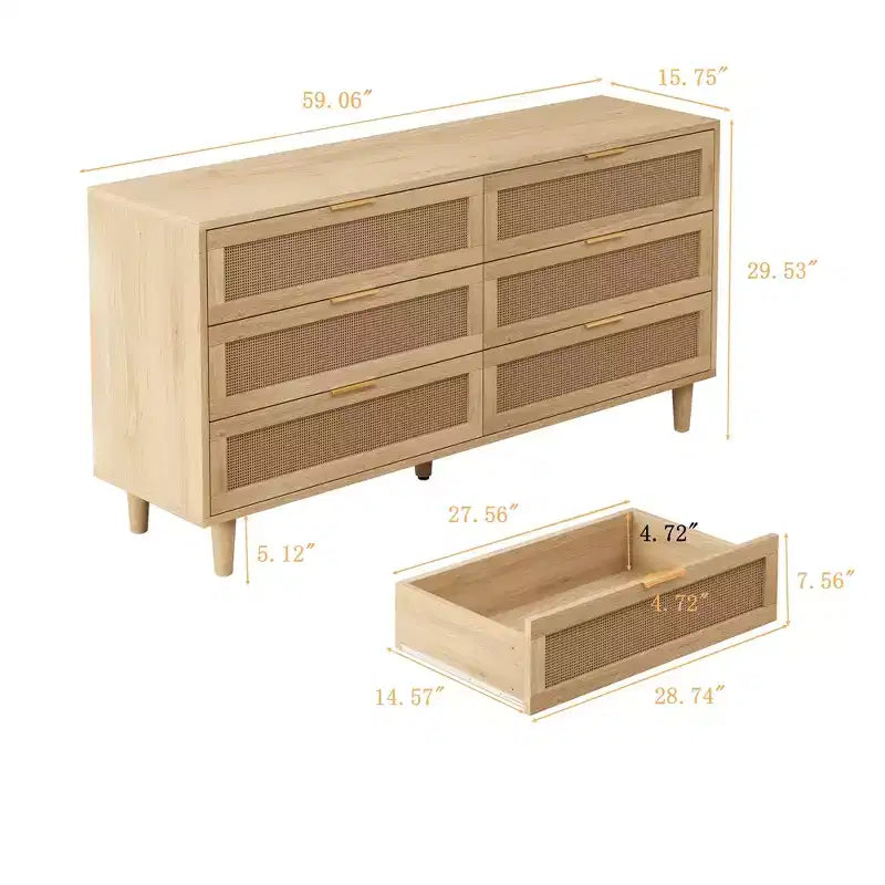 JVNOXK Armoire de Rangement en Rotin à 6 Tiroirs de 150 cm avec Glissières de Tiroir Blanches, Convient aux Chambres, Offre un Espace de Rangement, Naturel
