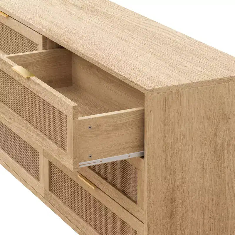 JVNOXK Armoire de Rangement en Rotin à 6 Tiroirs de 150 cm avec Glissières de Tiroir Blanches, Convient aux Chambres, Offre un Espace de Rangement, Naturel