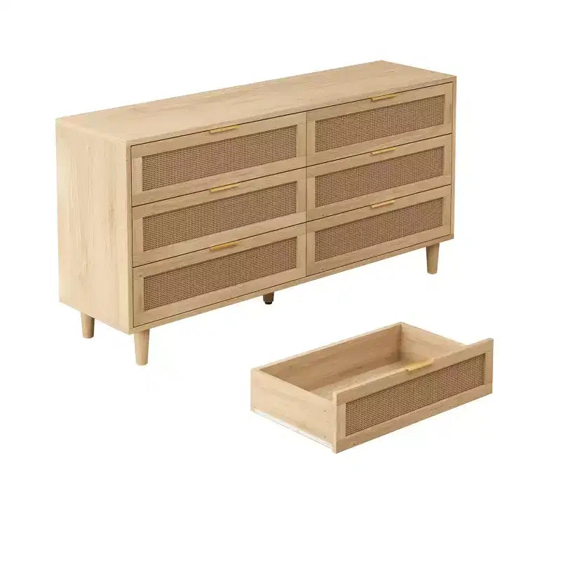 JVNOXK Armoire de Rangement en Rotin à 6 Tiroirs de 150 cm avec Glissières de Tiroir Blanches, Convient aux Chambres, Offre un Espace de Rangement, Naturel