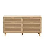 JVNOXK Armoire de Rangement en Rotin à 6 Tiroirs de 150 cm avec Glissières de Tiroir Blanches, Convient aux Chambres, Offre un Espace de Rangement, Naturel
