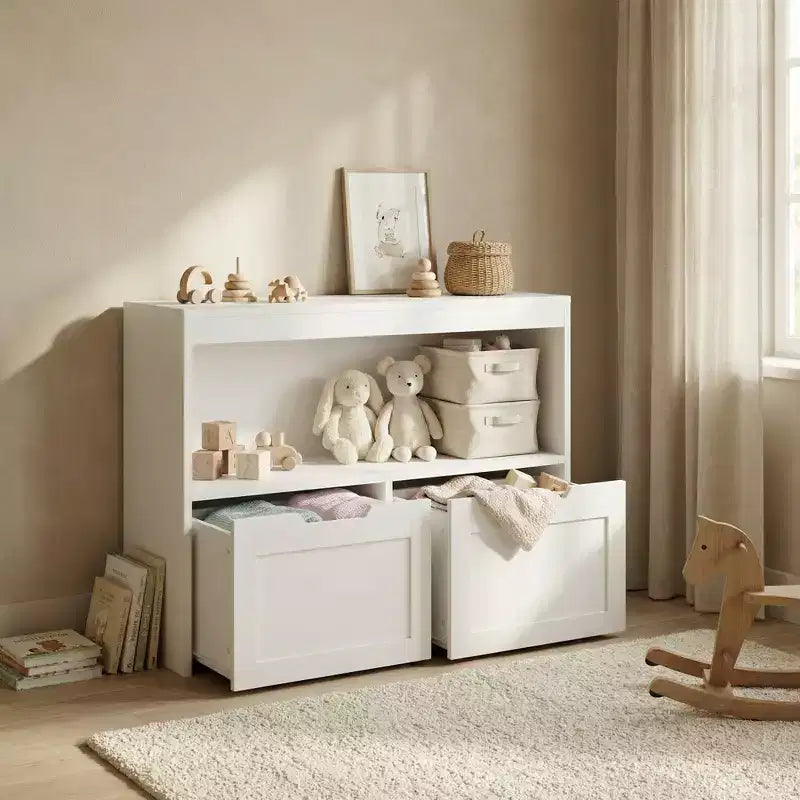 Meuble de rangement multifonctionnel JVNOXK avec 2 tiroirs et étagères ouvertes, offrant un grand espace de rangement, le choix parfait pour votre salon, Blanc