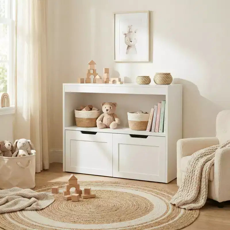 Meuble de rangement multifonctionnel JVNOXK avec 2 tiroirs et étagères ouvertes, offrant un grand espace de rangement, le choix parfait pour votre salon, Blanc