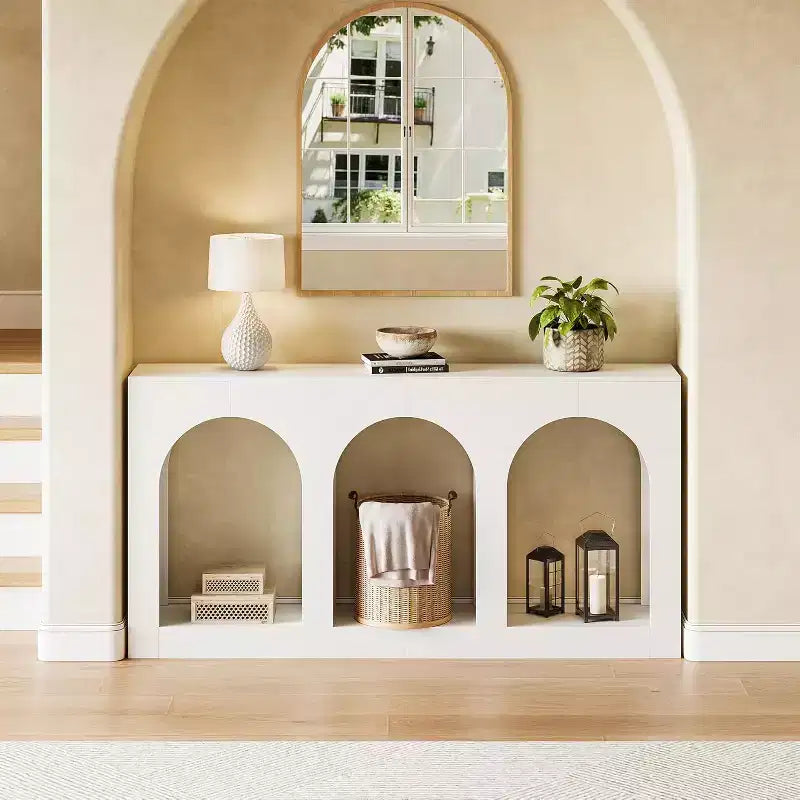 Lantine Console étroite moderne blanche de 180 cm pour entrée, salon, couloir, derrière un canapé, foyer, porte d'entrée.