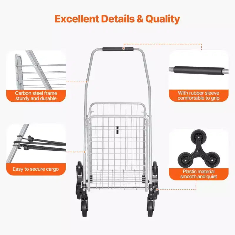 Chariot de rangement d'escalier VIYET 45L, roues pivotantes à 360°, roues triples, chariot utilitaire léger pliable pour la lessive et les voyages, argent