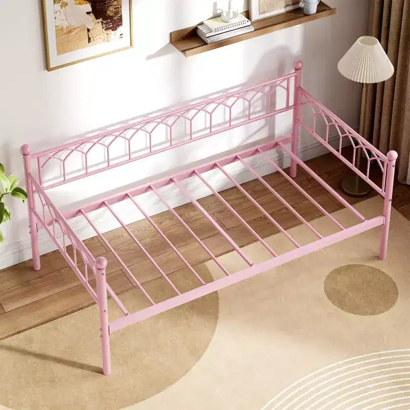 Lit de repos/lit gigogne COZONY deux places, cadre en acier, lattes de soutien, roulettes verrouillables, rose