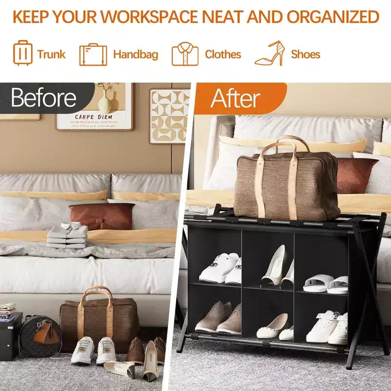 Porte-bagages Narwey pour chambre d'amis, support de valise pliable avec étagère de rangement en tissu à 6 cubes, porte-bagages, support de bagages pliable en acier