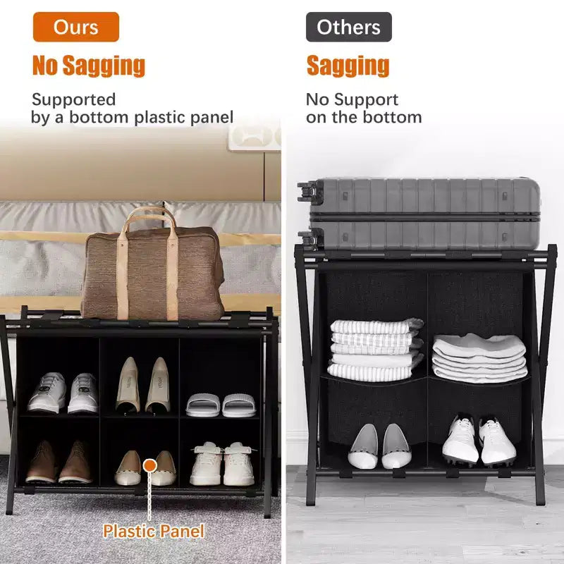 Porte-bagages Narwey pour chambre d'amis, support de valise pliable avec étagère de rangement en tissu à 6 cubes, porte-bagages, support de bagages pliable en acier