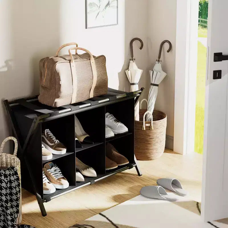 Porte-bagages Narwey pour chambre d'amis, support de valise pliable avec étagère de rangement en tissu à 6 cubes, porte-bagages, support de bagages pliable en acier