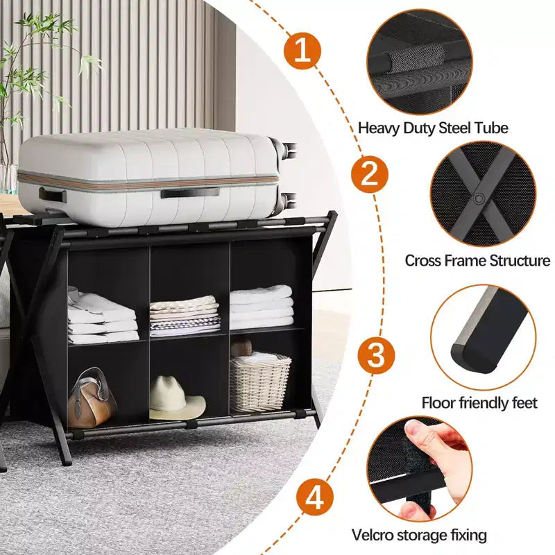 Porte-bagages Narwey pour chambre d'amis, support de valise pliable avec étagère de rangement en tissu à 6 cubes, porte-bagages, support de bagages pliable en acier