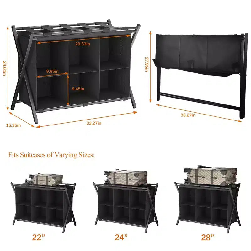 Porte-bagages Narwey pour chambre d'amis, support de valise pliable avec étagère de rangement en tissu à 6 cubes, porte-bagages, support de bagages pliable en acier