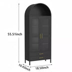 Armoire de cuisine haute de 140 cm, vitrine arquée avec portes vitrées, 2 tiroirs et étagères réglables pour salon, salle à manger