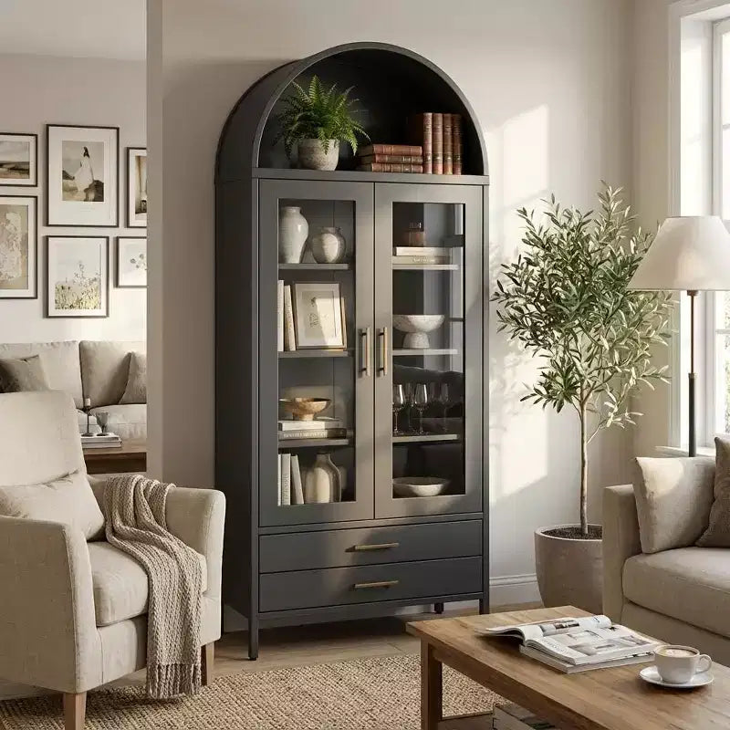 Armoire de cuisine haute de 140 cm, vitrine arquée avec portes vitrées, 2 tiroirs et étagères réglables pour salon, salle à manger
