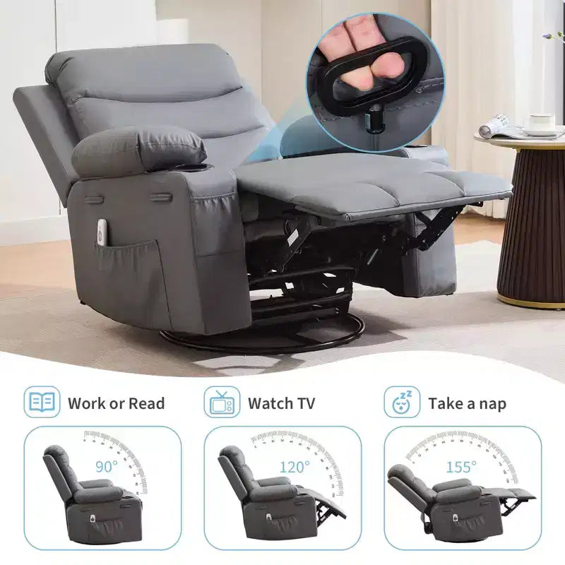 Fauteuil inclinable à bascule avec massage et chaleur, canapé pivotant en cuir PU avec porte-gobelet et poches pour salon, chambre et crèche