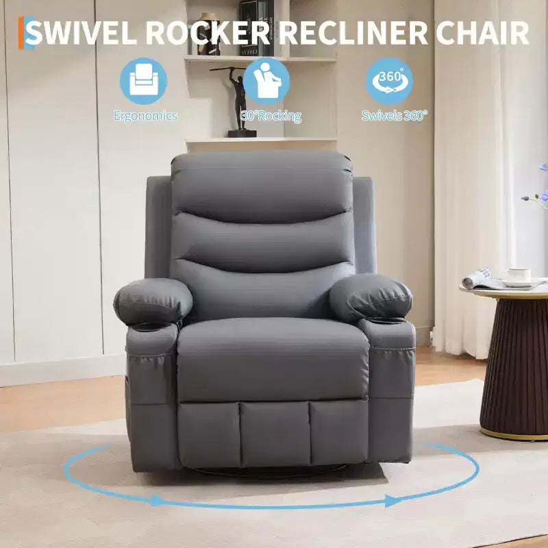 Fauteuil inclinable à bascule avec massage et chaleur, canapé pivotant en cuir PU avec porte-gobelet et poches pour salon, chambre et crèche