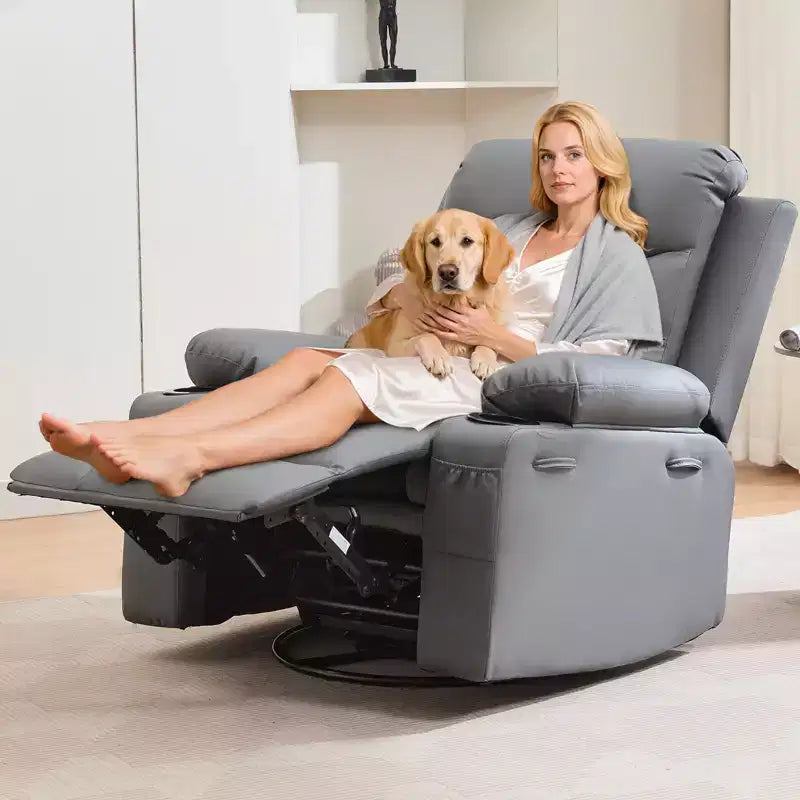 Fauteuil inclinable à bascule avec massage et chaleur, canapé pivotant en cuir PU avec porte-gobelet et poches pour salon, chambre et crèche
