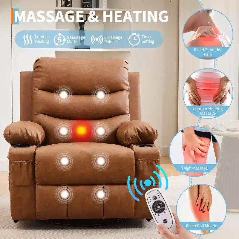Fauteuil inclinable à bascule avec massage et chaleur, canapé pivotant en cuir PU avec porte-gobelet et poches pour salon, chambre et crèche