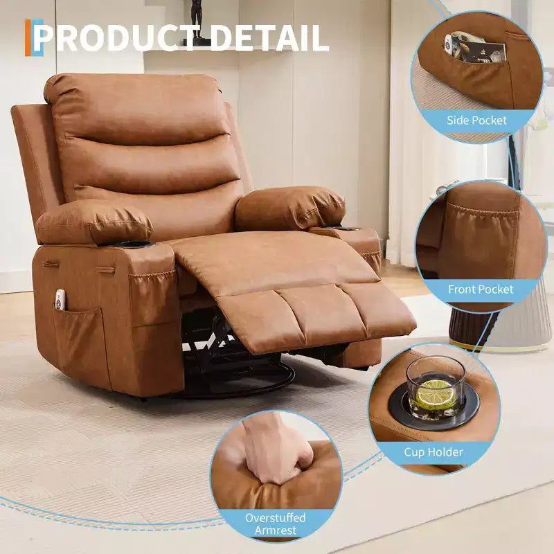 Fauteuil inclinable à bascule avec massage et chaleur, canapé pivotant en cuir PU avec porte-gobelet et poches pour salon, chambre et crèche