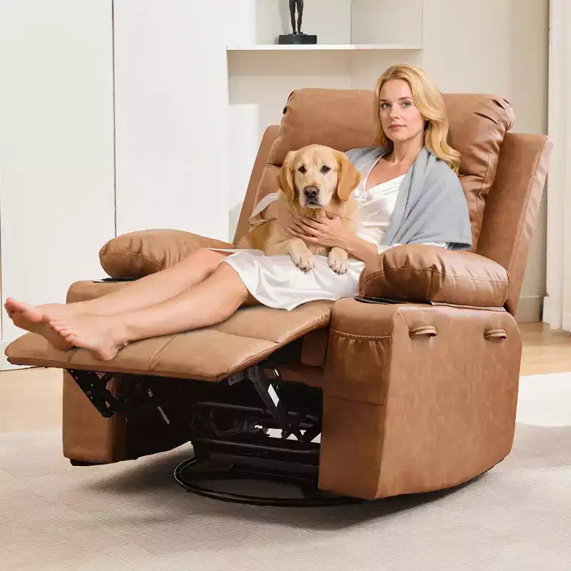 Fauteuil inclinable à bascule avec massage et chaleur, canapé pivotant en cuir PU avec porte-gobelet et poches pour salon, chambre et crèche