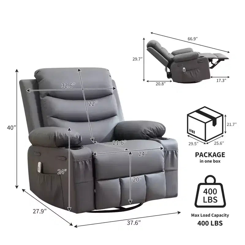 Fauteuil inclinable à bascule avec massage et chaleur, canapé pivotant en cuir PU avec porte-gobelet et poches pour salon, chambre et crèche