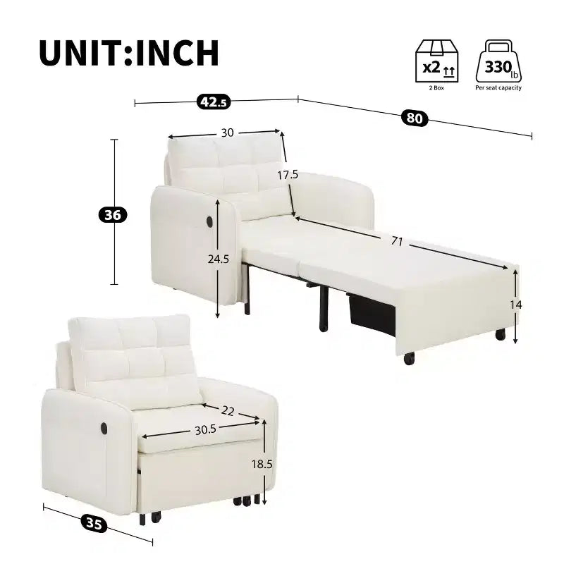 Fauteuil d'appoint moderne avec chaise longue gigogne, fauteuil-lit 3-en-1, lit de canapé simple pour salon, appartement ou bureau-Panipeachy