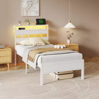 Cadre de lit plateforme double blanc avec tête de lit bibliothèque de rangement, lumières LED, station de recharge, support métallique, aucun sommier tapissier requis, chambre d'enfants/dortoir