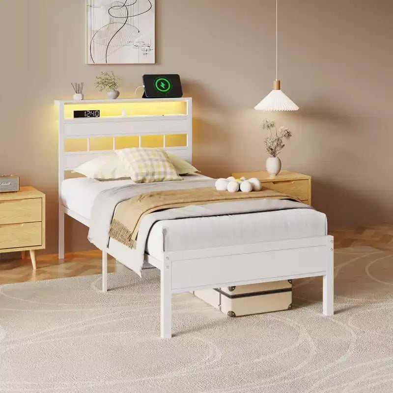Cadre de lit plateforme double blanc avec tête de lit bibliothèque de rangement, lumières LED, station de recharge, support métallique, aucun sommier tapissier requis, chambre d'enfants/dortoir