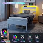 Cadre de lit plateforme double blanc avec tête de lit bibliothèque de rangement, lumières LED, station de recharge, support métallique, aucun sommier tapissier requis, chambre d'enfants/dortoir
