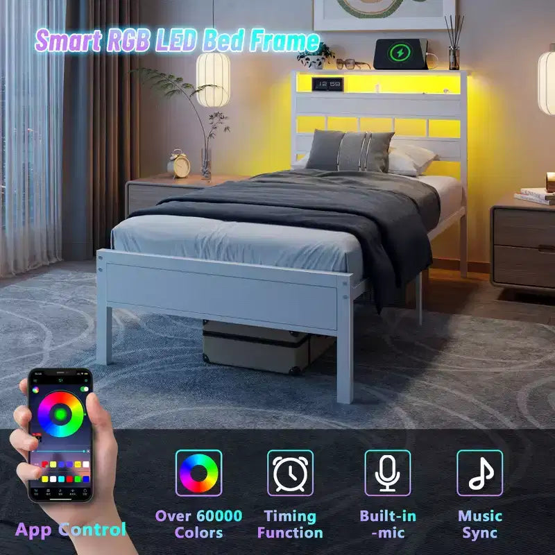 Cadre de lit plateforme double blanc avec tête de lit bibliothèque de rangement, lumières LED, station de recharge, support métallique, aucun sommier tapissier requis, chambre d'enfants/dortoir