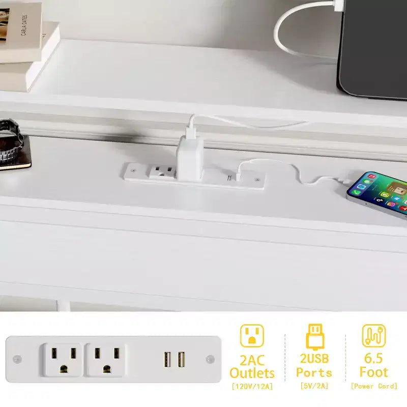 Cadre de lit plateforme double blanc avec tête de lit bibliothèque de rangement, lumières LED, station de recharge, support métallique, aucun sommier tapissier requis, chambre d'enfants/dortoir