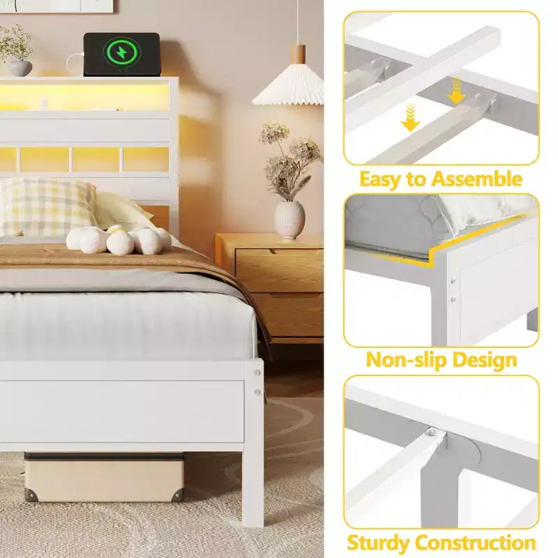 Cadre de lit plateforme double blanc avec tête de lit bibliothèque de rangement, lumières LED, station de recharge, support métallique, aucun sommier tapissier requis, chambre d'enfants/dortoir