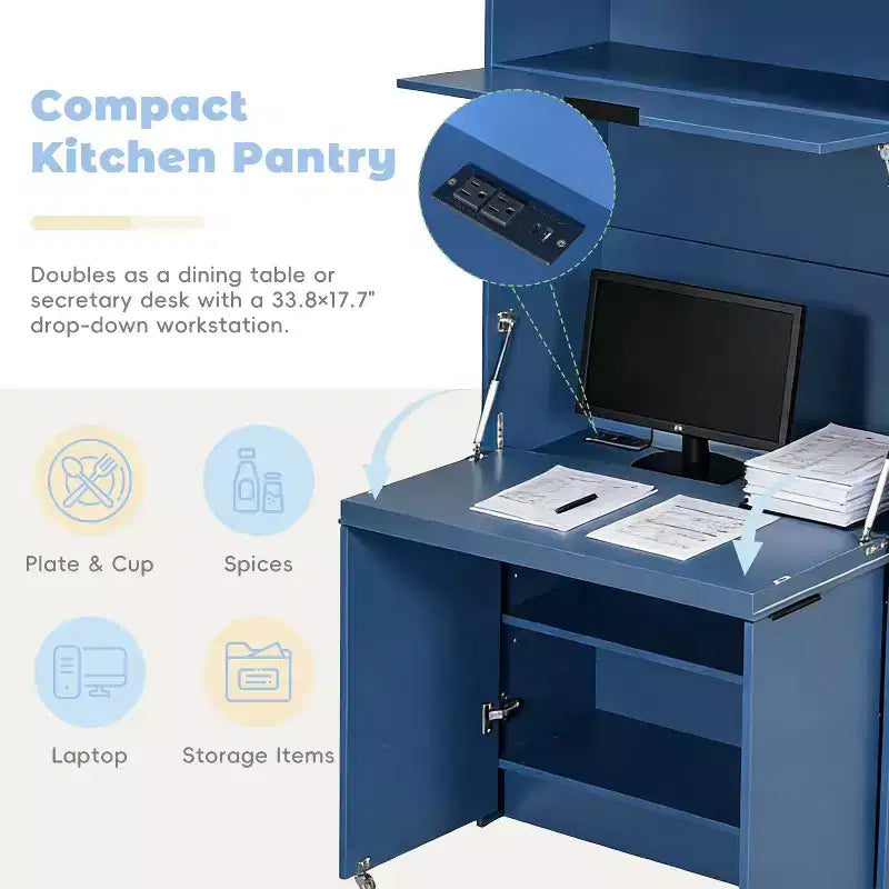 GDFStudio Miguel Garde-manger de cuisine polyvalent avec huche, poste de travail pliable et prise de courant