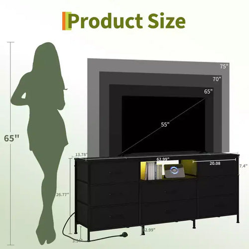 Meuble TV de 63 po avec 8 tiroirs en tissu, cadre en acier pour téléviseurs jusqu'à 75 po, commode de rangement pour le salon ou la chambre à coucher